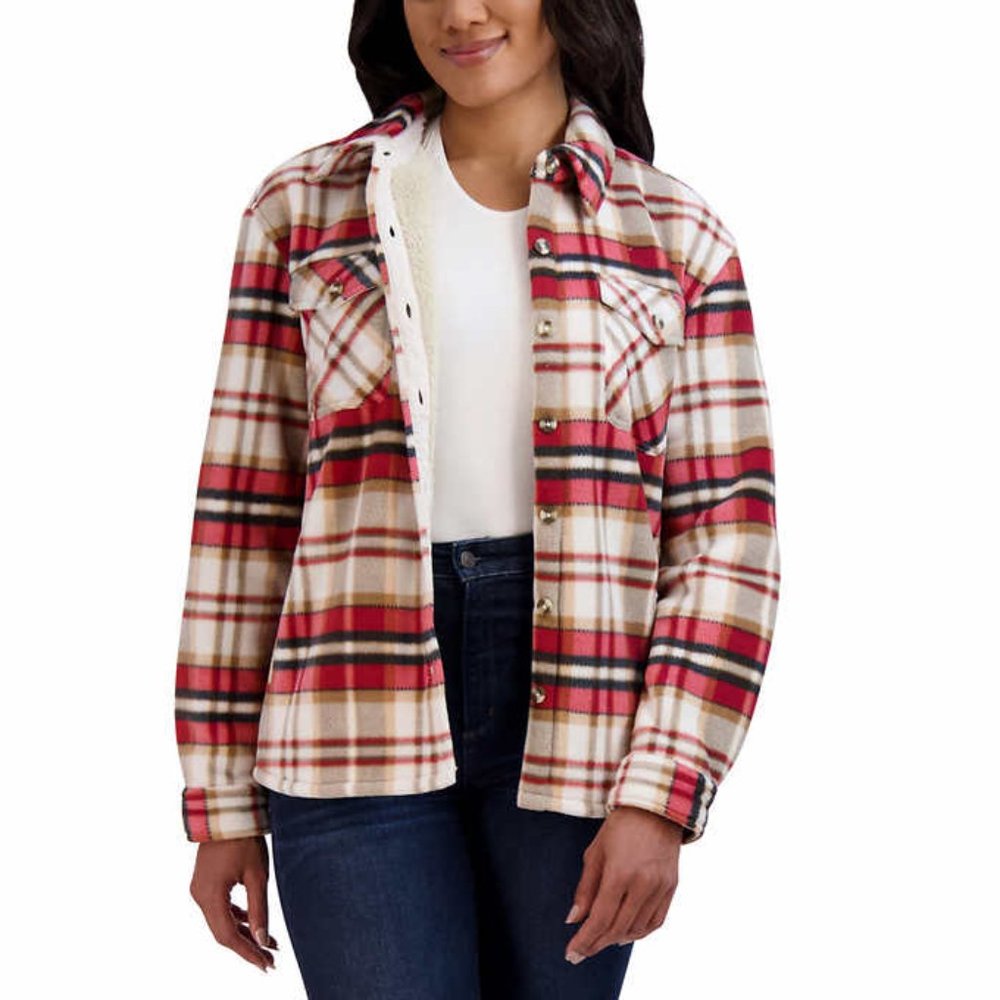 Sage Plaid Button-Up Hoodie - Red and Tan